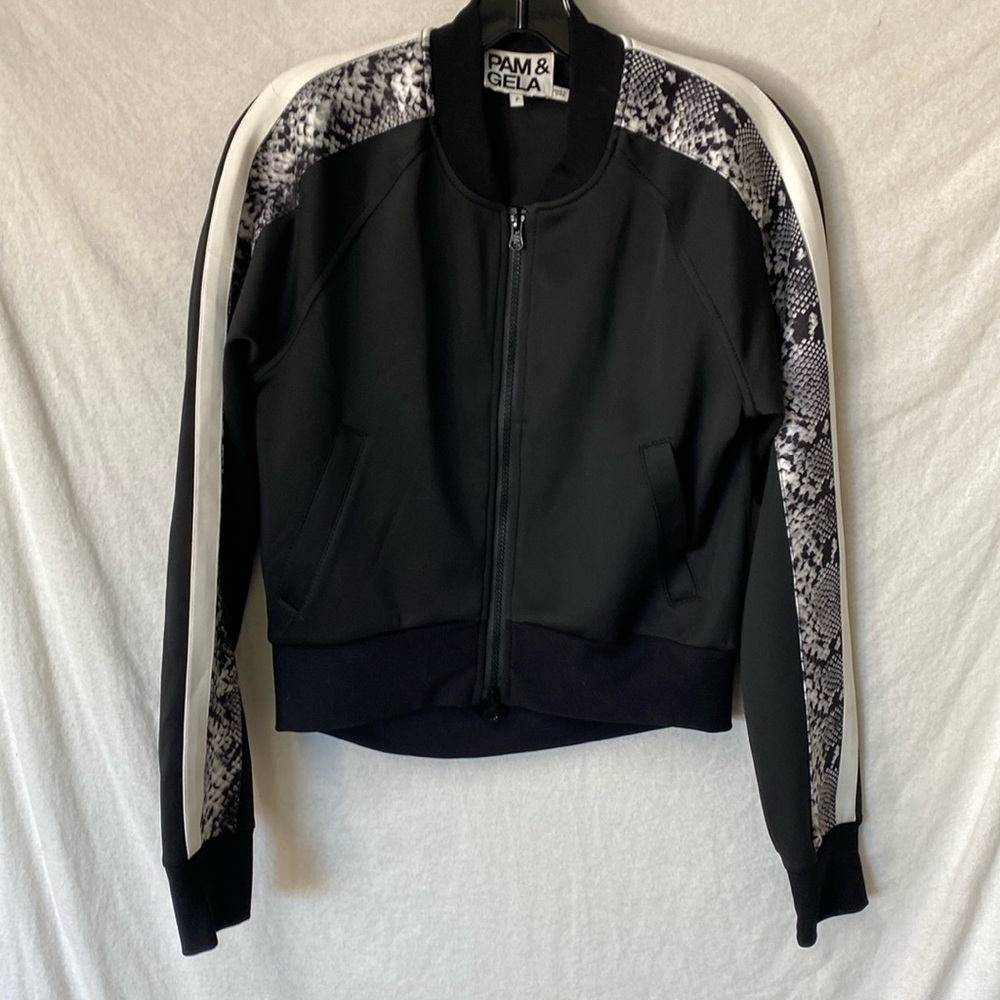 Pam & Gela Track Jacket Black Jacket w/ white and snakeskin print stripes